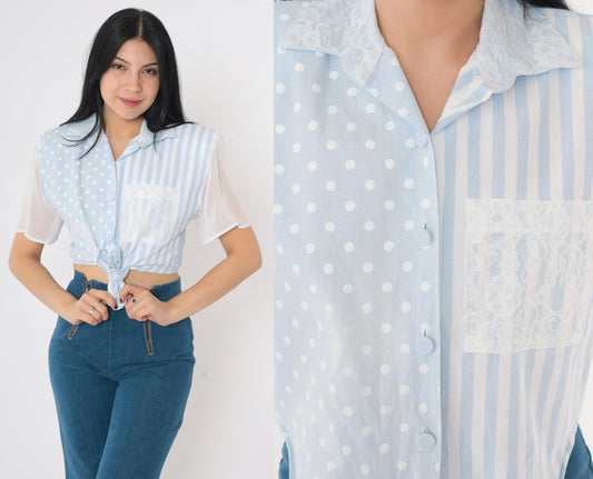 90s Baby Blue Polka Dot Striped Button Up Crop Top Chiffon Lace Small