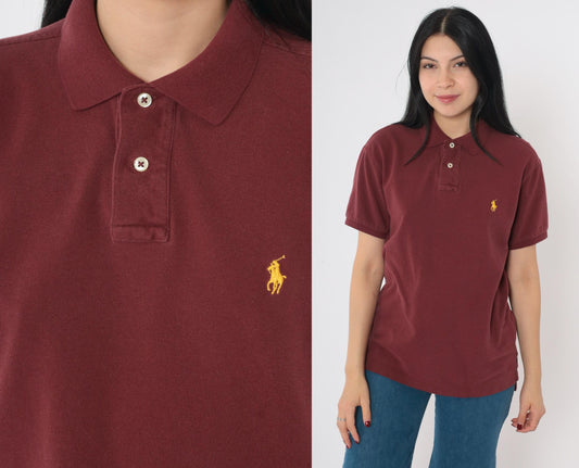 90s Polo Ralph Lauren Burgundy Cotton Polo Shirt Yellow Logo Medium M