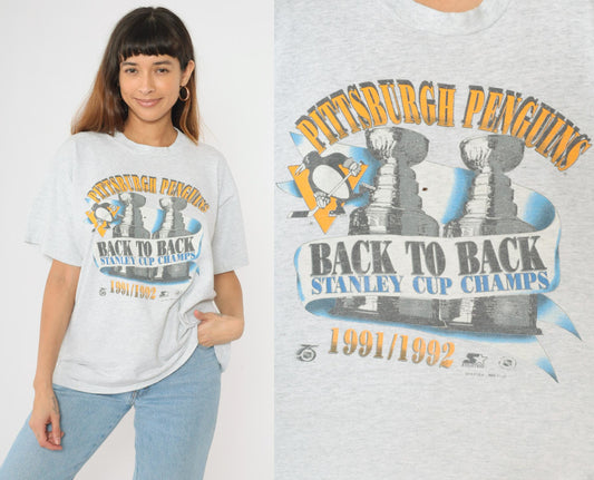 1991/1992 Pittsburgh Penguins Stanley Cup Champions Graphic T-Shirt Heather Grey Extra Large XL