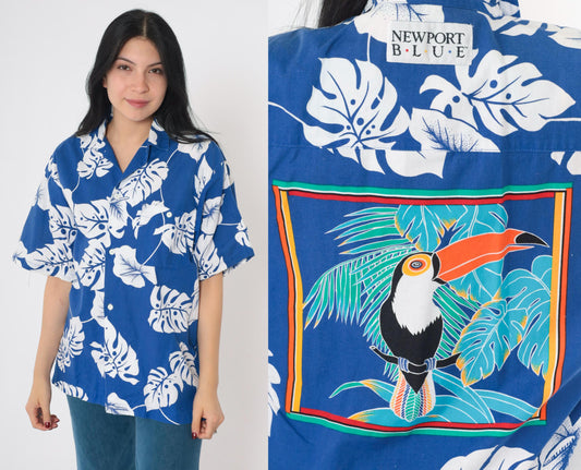 90s Newport Blue Hawaiian Shirt Toucan Monstera Tropical Floral Large L