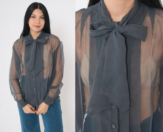 80s Maurice Antaya Sheer Chiffon Blouse Grey Ascot Bow Long Sleeve Medium