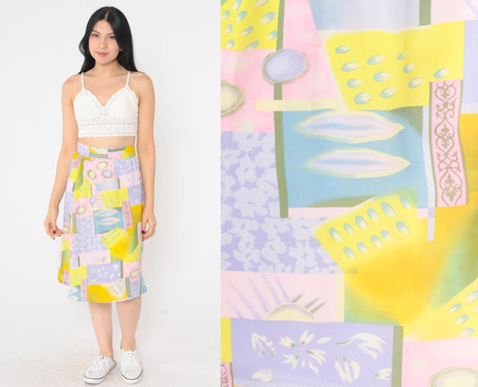 90s Abstract Geometric Midi Skirt Pastel Color Block High Waist Large L