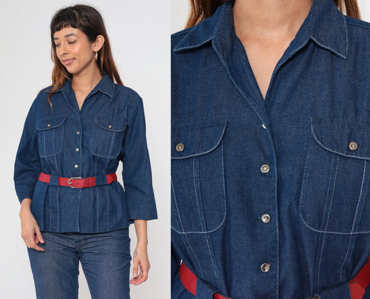 80s Willi of California Chambray Blouse Button-Up Pointed Collar Blue Medium