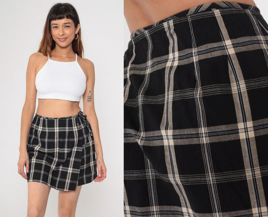 90s Black Checkered Wrap Skort High Waisted Plaid Mini Skirt Small 6