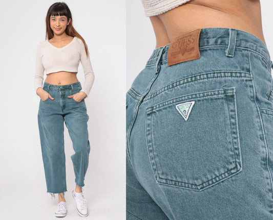 90s Guess Jeans High Rise Straight Leg Frayed Cutoff Blue-Green Denim 31