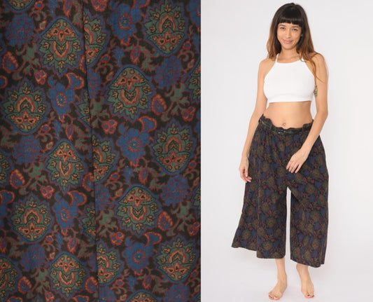 90s Ashleigh Morgan Corduroy Culottes Geometric Floral Multicolor Wide-Leg Large 12