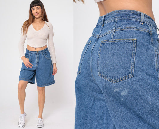 90s Claus Sports High Waisted Pleated Denim Shorts Blue Large