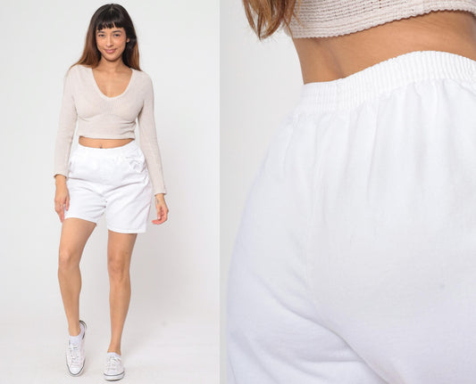 90s White Cotton Lounge Shorts High Waist Elastic Waist Small