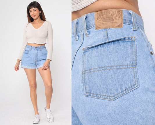 90s Parkers Light Wash Denim Shorts Cuffed High Waisted Blue Small