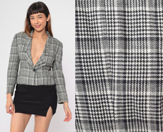 90s Michelle Stuart Houndstooth Blazer Black White Single Button Small Petite