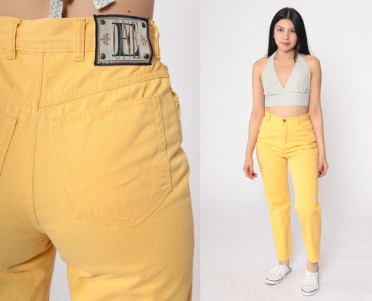90s Escada Yellow Cotton High-Waisted Slim Trousers Small 29