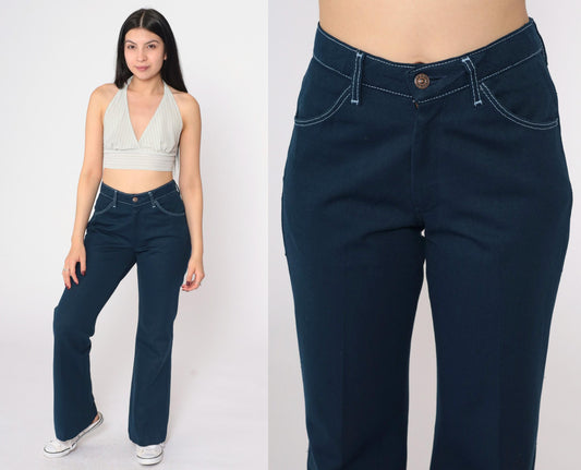 70s Farah Navy Bell Bottom Pants High Rise Flared Trousers Medium