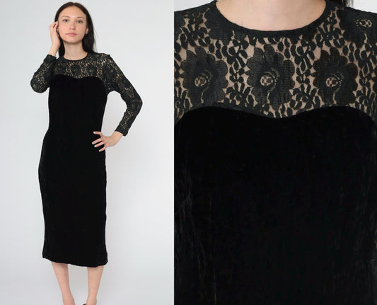 80s Depeche Black Velvet Midi Dress Lace Sleeves Sweetheart Neckline Small