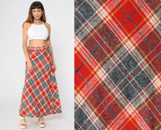 70s Plaid Wool Maxi Skirt High Waist A-Line Red Grey Tartan Medium Large