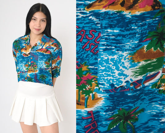 90s Islander Tropical Crop Top Blue Treasure Island Button-Up Medium