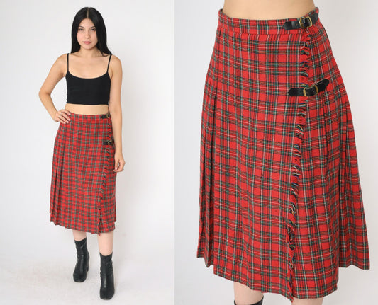 80s Red Plaid Midi Skirt High Waist Pleated Tartan Buckle Small