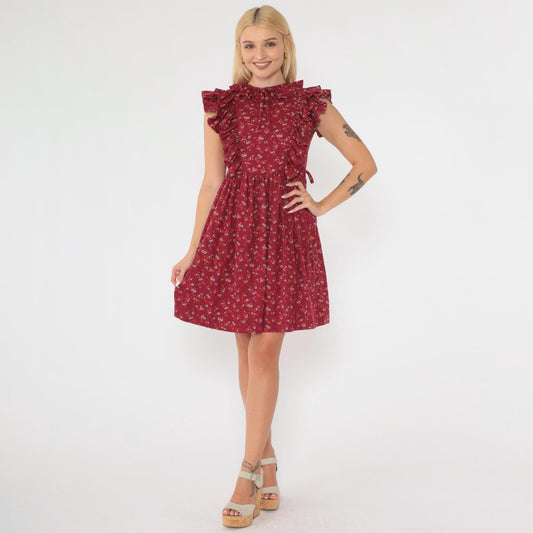 70s Kim Originals Floral Ruffle Mini Dress Burgundy High Waist Bow Neck 2XS