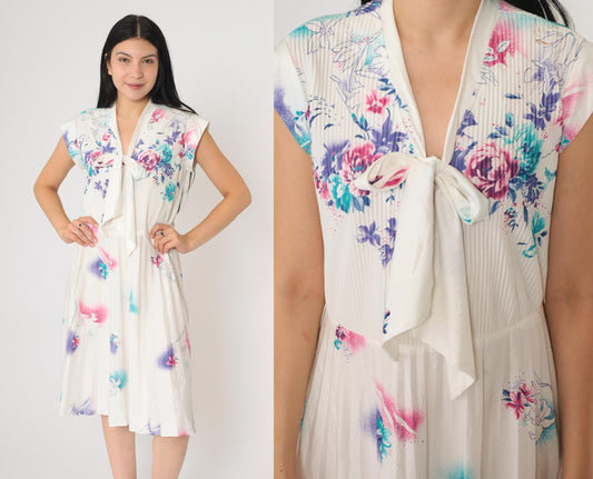70s Floral Ascot Midi Dress White Cap Sleeve High Waist Pleated Small