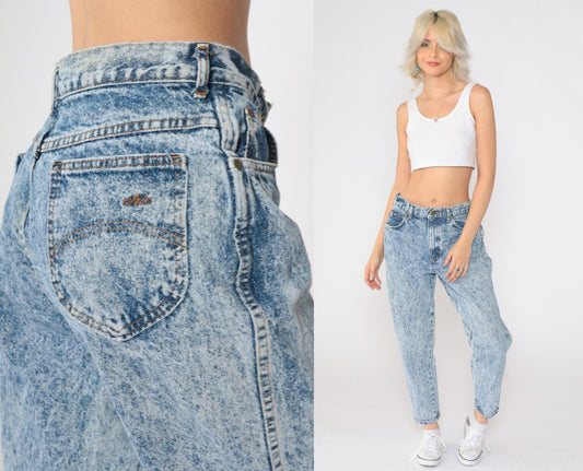80s Acid Wash High-Waist Tapered Jeans Blue Denim Size 14