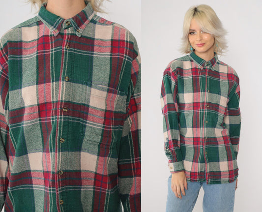 90s Sierra Pacific Green Pink Plaid Flannel Shirt Long Sleeve Medium M
