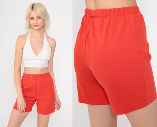 70s Red High-Waisted Shorts Polyester Knit Crease Front Small
