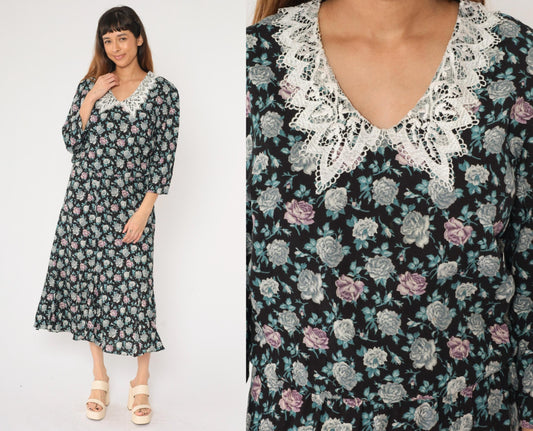 90s Starlo Fashions Floral Midi Dress Lace Collar Puff Sleeve Black Large