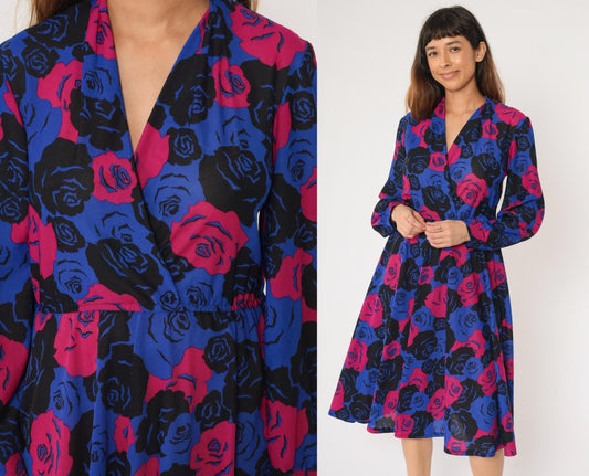 80s Floral Wrap Dress Midi Long Sleeve High Waist Blue Pink Rose Print Medium