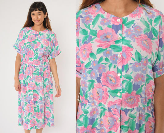80s Floral Midi Shirtdress Pink Purple Green Button-Up Short Sleeve Medium
