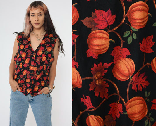 90s Talbots Pumpkin Acorn Leaf Vest Orange Black V-Neck Button-Up Medium