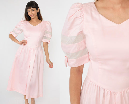 80s Lanz Originals Baby Pink Puff Sleeve Midi Dress Basque Waist Medium 8