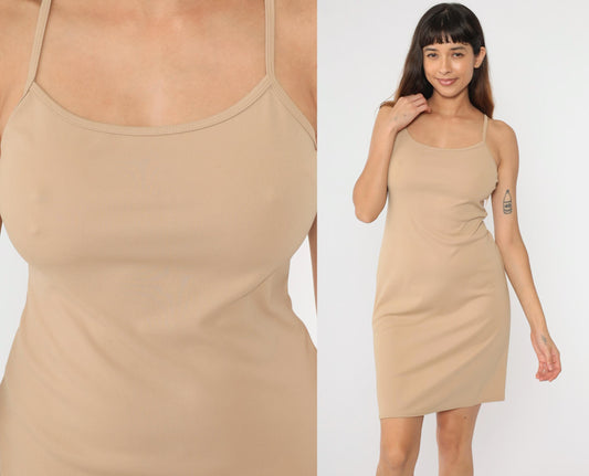90s G.A.S. CO. Bodycon Mini Dress Beige Spaghetti Strap Small S