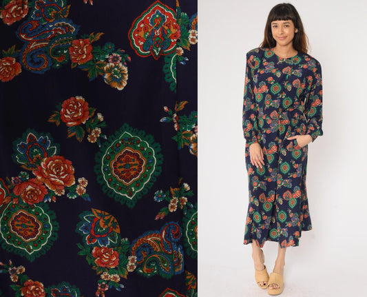 90s Liz Claiborne Paisley Floral Midi Dress Dark Blue High-Waisted Long Sleeve Large