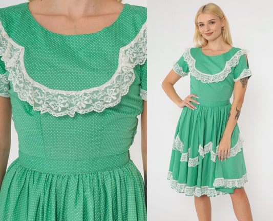 1950s Western Square Dance Dress Green Polka Dot Lace Trim Full Skirt Small