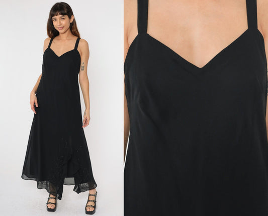 90s R & M Richards Black Chiffon Beaded Maxi Dress V-Neck Medium