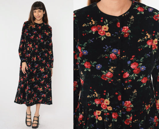 90s Talbots Floral Corduroy Midi Dress Black Button-Up High Waist Medium