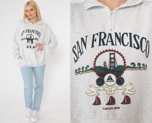 90s San Francisco Golden Gate Bridge Quarter Zip Sweatshirt Heather Grey Plus Size XXL