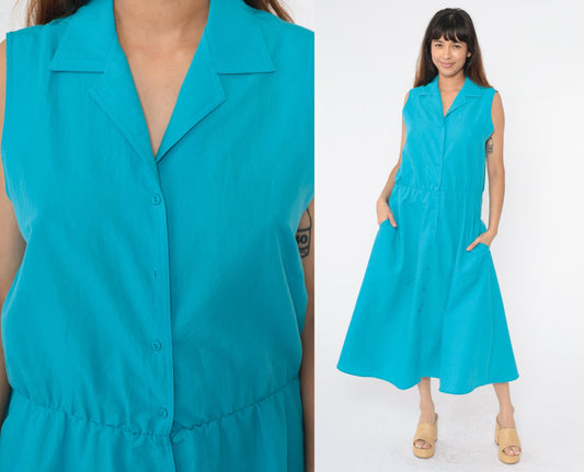 80s Turquoise Sleeveless Shirtdress Midi Button-Up High Waist Medium Large