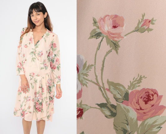 80s Pastel Pink Floral Wrap Midi Dress Drop Waist Puff Sleeve Large