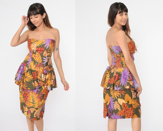 80s Tropical Leaf Print Strapless Midi Dress Sweetheart Neckline Peplum Olive Green Small