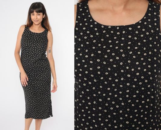 90s Teddi Dresses Black White Polka Dot Midi Sheath Sleeveless Small