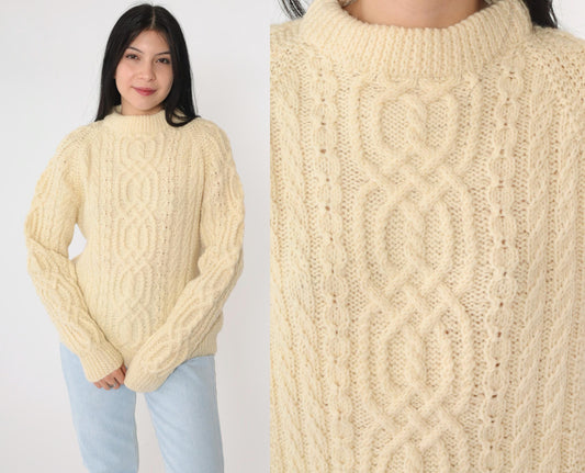 80s Cream Cable Knit Raglan Sweater Mock Neck Pullover Medium