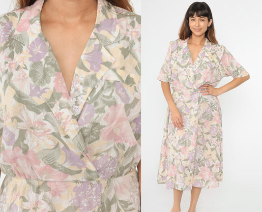 80s Floral Midi Dress High Waisted V Neck Short Sleeve Faux Wrap Medium