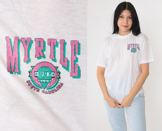 90s Myrtle Beach Graphic T-Shirt White Single Stitch Crewneck Medium