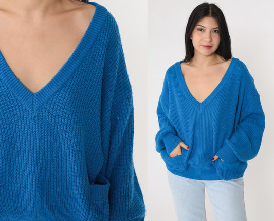 80s Buggi Electric Blue V-Neck Ribbed Knit Sweater Pockets Large