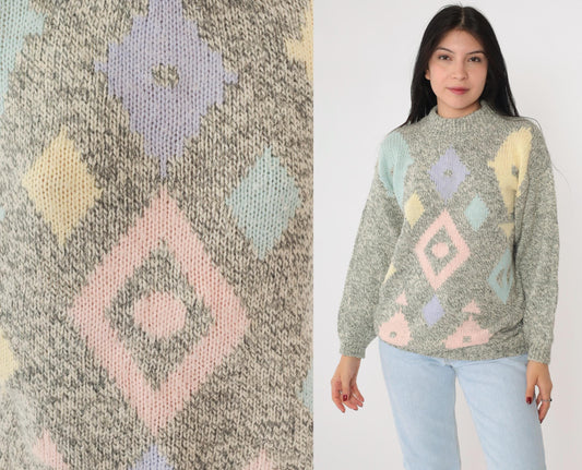80s Geometric Mock Neck Sweater Grey Pink Lavender Diamond Knit Medium