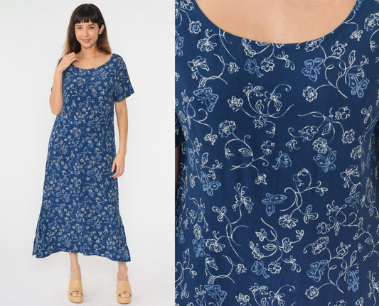90s Erika Studio Floral Butterfly Maxi Dress Blue Ankle Length Medium