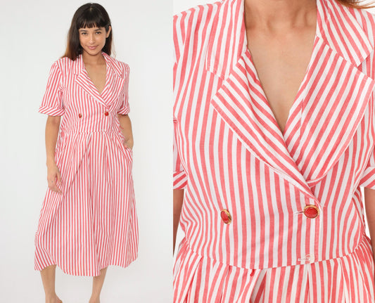 90s Red White Striped Cotton Midi Shirtdress Double Breasted High Waist Small Medium