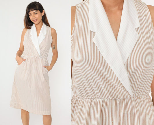 80s Kevin Stuart Seersucker Midi Dress Brown White Striped Collared Small