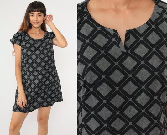 90s Robbie Bee Geometric Mini Dress Grey Black V-Neck Puff Sleeve Large