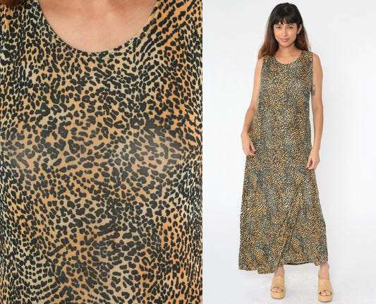 90s Kathie Lee Leopard Print Maxi Dress Sleeveless Column Medium